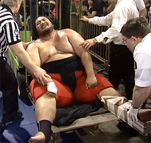 Yokozuna gets his leg broken by Vader and has to be removed with a forklift. In reality, the WWF was giving him time off to lose weight. photo: wwe.com