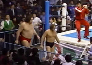 rene goulet and andre the giant team up in japan to take on hulk hogan and antonio inoki - 1982